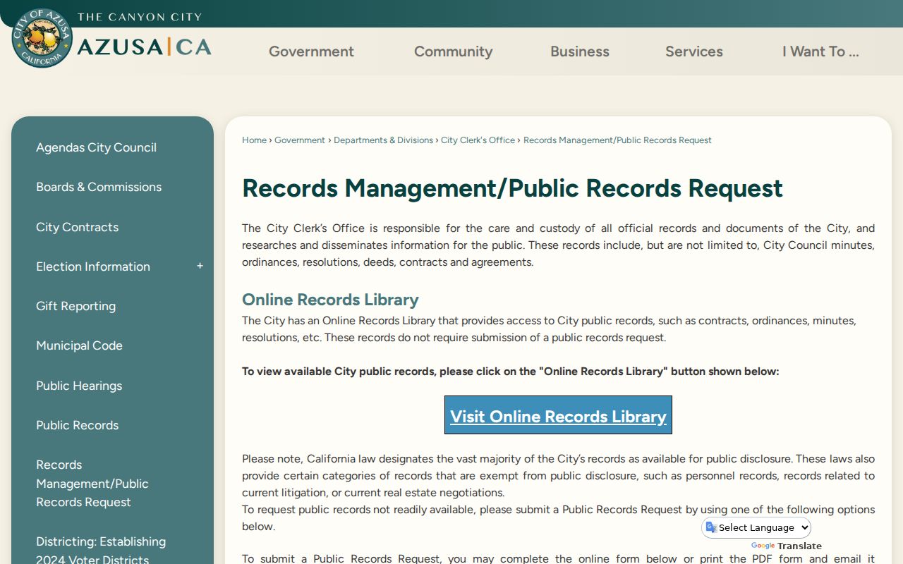 Azusa residents directory public record request route